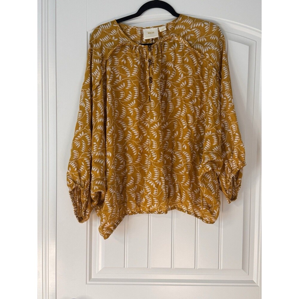 Maeve Anthropologie Blouse XL Mustard Botanical Print Balloon Sleeve Boho Top